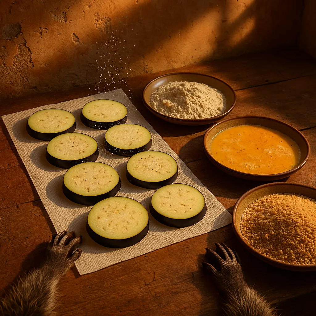 Eggplant preparation and breading station