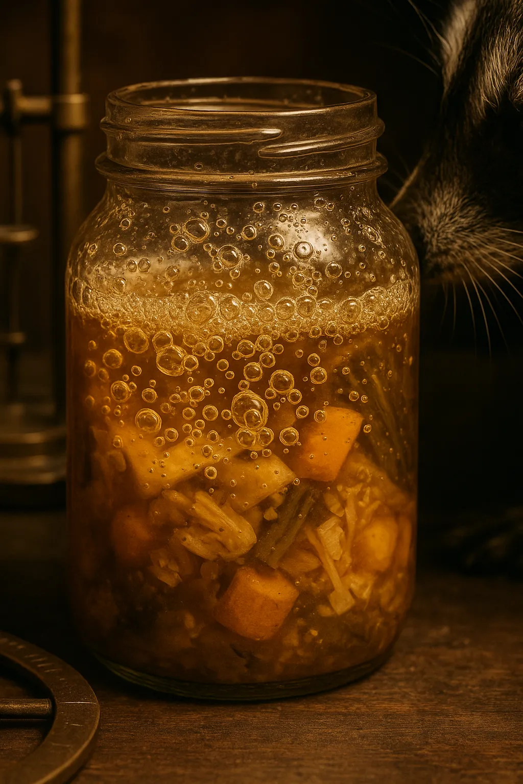Active fermentation bubbles in vintage glass jar